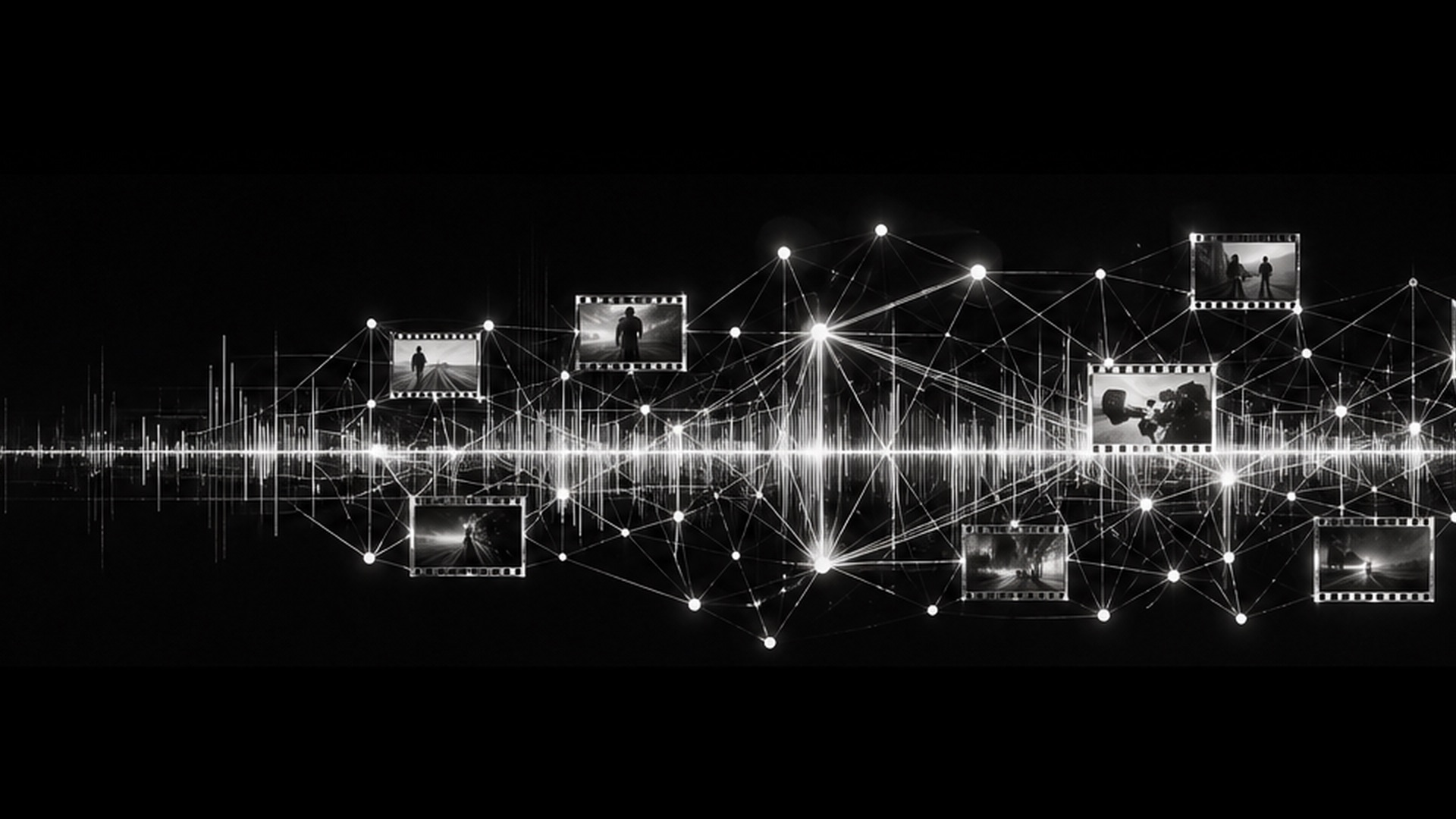 Network of film frames connected by lines of light over an audio waveform